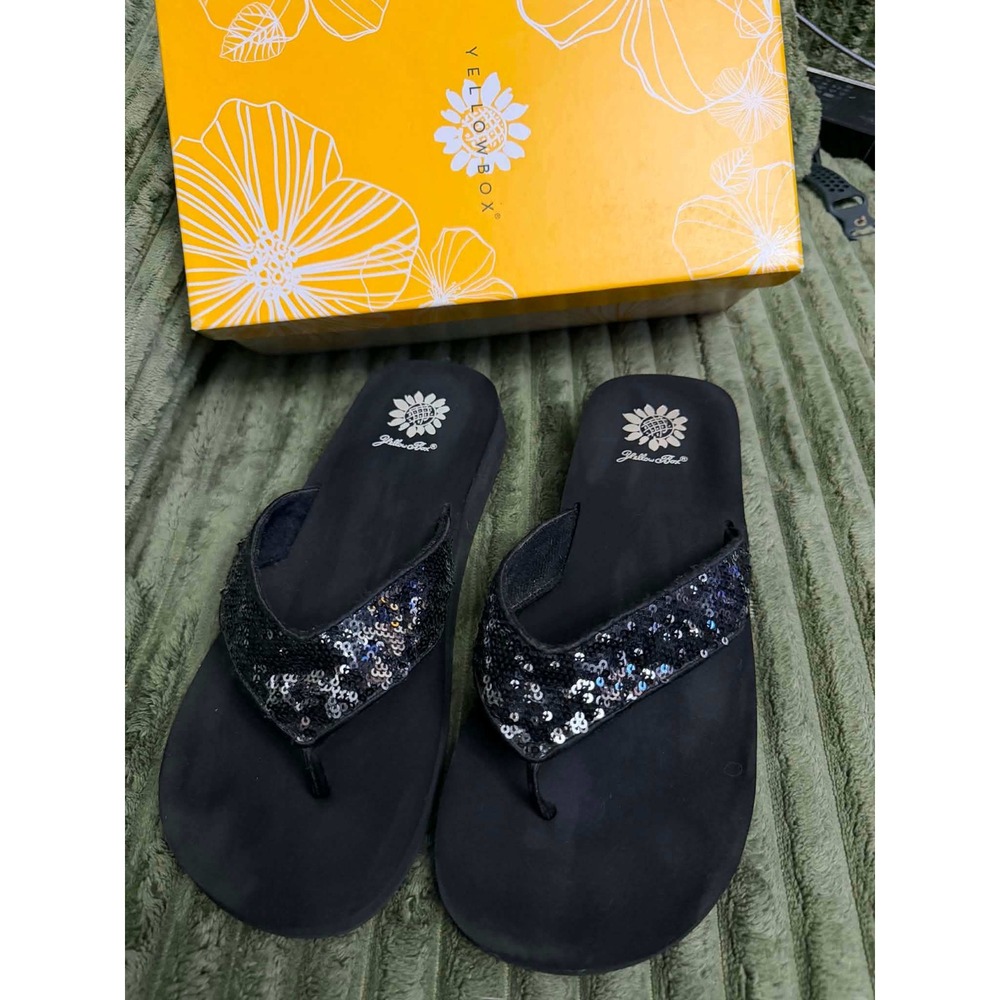 Yellow Box Womens 9 Black Odette Flip Flop Sequin Mellow Mat Platform Sandals